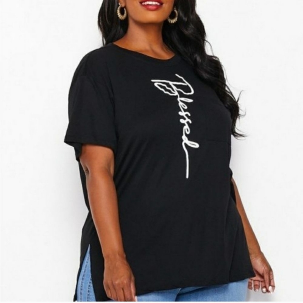 ILLORD Chloe New Plus Size Blessed Graphic Tee, Black 1X